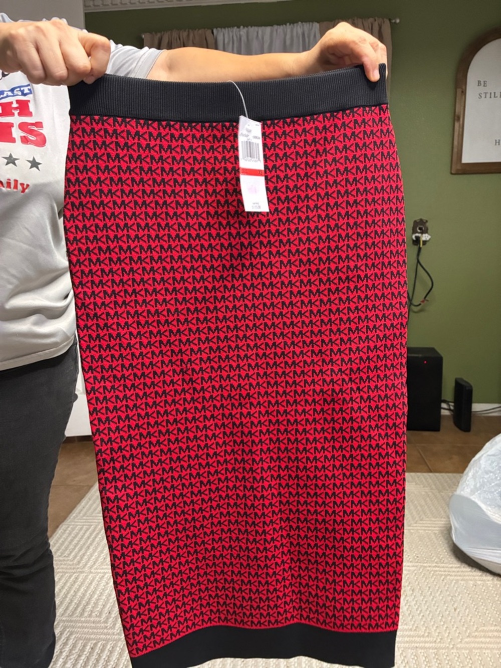 Michael Kors Red and Black Logo Knit Pencil Skirt